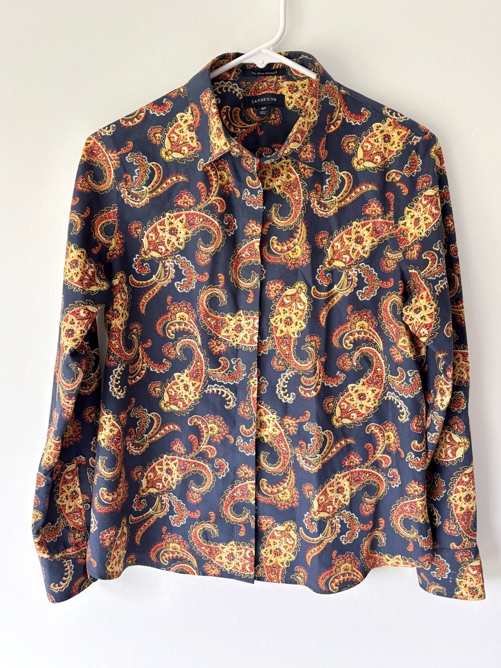 Lands' End Supima Cotton Button-Down Shirt Navy Orange Yellow Paisley Western